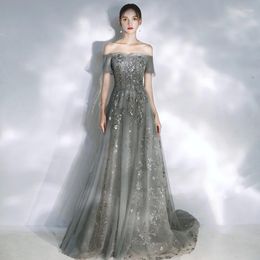 Runway Dresses Luxury Grey Celebrity Dress Off Shoulder Shiny Lace Appliques Sequin Backless A-Line Formal Party Birthday Banquet Evening