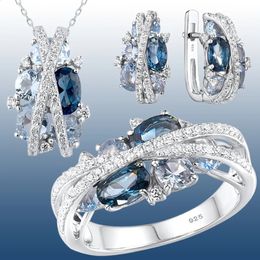 Wedding Jewelry Sets Luxury Designer Sapphire Crystal Set for Women Cross Infinite Ring Earrings Necklace Valentine's Day Gift 231118