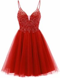 Short Homecoming Dresses Sexy Deep V-Neck Appliques Sequins Spaghetti Party Gowns A-Line Lace-up Tulle Princess Birthday Mini Prom Graudation Cocktail Party Gowns 02