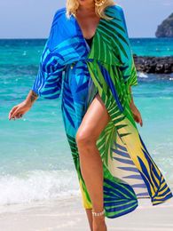 Women's Swimwear 2023 Printed Kimono Boho Long Tunic Beach Cover Up Cover-ups Dress Wear Beachwear Maxi Female Women K4426