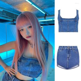 Work Dresses Kpop IVE Women Sexy Sleeveless Off-Shoulder Denim Sling Vest Crop Tops Blue High Waist Mini Skirt Nightclub Girl 2 Piece Set