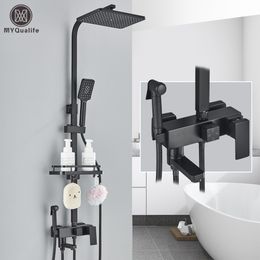 Bathroom Shower Heads Black Brass Faucet Set Rainfall Bathtub Tap With Shelf 4 Functions Height Adjust Mixer Crane Fast Delivey 230419