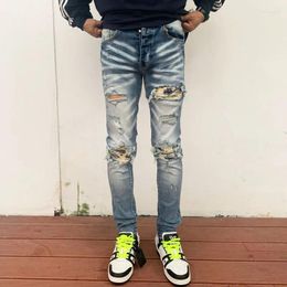 Men's Jeans High Street Fashion Men Retro Washed Blue Stretch Skinny Ripped Buttons Patched Designer Hip Hop Brand Pants