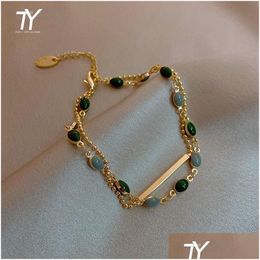 Charm Bracelets French Retro Romantic Double Metal Gold Bracelet For Woman Fashion Jewellery Party Unusual Oval Green Crystal Dhgarden Ot5Pd