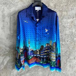 2024SS Spring Summer Men's Casual Shirts Pattern Silk Long Sleeve Shirt Blue