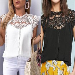 Women's Blouses & Shirts Summer Fashion 2023 Women Lace Ladies Solid Causal Sleeveless Hollow Out Blouse Tops Chiffon Shirt