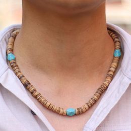 Choker Noter Vintage Coconut Bead Necklace Men 19 Inch Short Natural Wood Collar Irregular Blue Howlite Stone Colar Beach Accessories