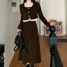 Work Dresses Autumn Winter Corduroy Two Piece Set Women Short Tops And A-line Long Skirt Suits Korean Elegant Fashion OL Dress 2 Sets