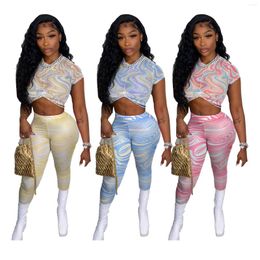 Women's Two Piece Pants Summer Women Sets Outfits Casual Print Crop Top And Skinny Tracksuits Fashion Streetwear 2pcs Suits