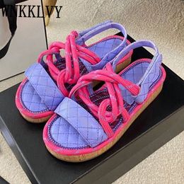 Splicing Summer Leather Women Real Hemp Rope Open Toe Casual Sandals With Sticky Strap Design Resort Beach Flat Shoes a