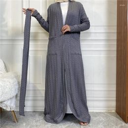 Ethnic Clothing Muslim Women Knitted Cardigan Open Abaya Kimono Jalabiya Long Sweater Dress Belted Kaftan Dubai Turkey Moroccan Caftan Robe