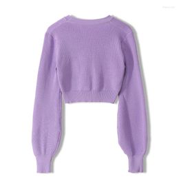 Women's Knits Autumn Women Purple Sweater Bow Sequined Cropped Knitted Elegant Cardigan Vintage Long Sleeve Female Outerwear Slim Jumpers