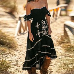 Casual Dresses Lady Strapless Ruffled Short Sleeve Desert Dress Fashion Lace Print Low Cut Evening Summer Elegant Long Mujer