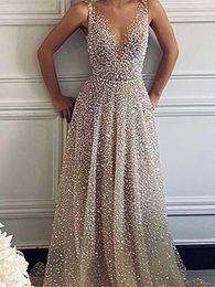 New Casual Dresses Luxury Gold Sequins Beads Prom Sleeveless V-Neck A-line Wedding Woman Party Evening Gown Cocktail Dress Vestidos Fashion