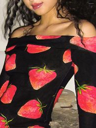 Casual Dresses Women Bodycon Dress Long Sleeve Off-shoulder Strawberry Print Slim Fit Mini