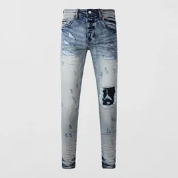 Men's Jeans High Street Fashion Men Retro Light Blue Stretch Skinny Fit Hole Ripped Patched Designer Hip Hop Brand Pants