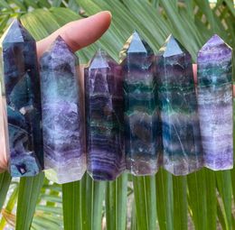 Natural Fluorite Quartz Crystal Tower Colorful Striped Point Wand Gift3850897