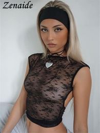 Women's T Shirt Zenaide 2023 Summer Lace Halter Neck Crop Top Black Backless See Through Y2K Sexy T Shirt Women Slim Tees 2023 Vintage 230419