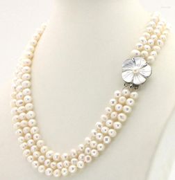 Choker HABITOO 3 Row 7-8mm Freshwater Pearl Necklace Shell Flower Clasp 17-19 Inch Jewellery For Women Charming Gifts Daily Wear