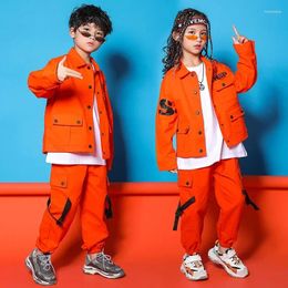 Stage Wear Kids Hip Hop Clothing Girls Jazz Costume Orange Tops Pants Overalls Street Dance Long Sleeve Suit Modern Rave