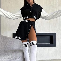 Work Dresses 2 Pieces Varsity Jacket Suit Women Casual Sporty Style Piece Baseball Set Single Breasted Navel Exposed Daily Outfit