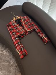 Autumn Red Plaid Panelled Chains Tassel Tweed Jacket Long Sleeve V-Neck Classic Jackets Coat Short Outwear O3O072100