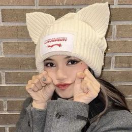 Cute Cat Ear Knitted Wool Hat Women Fashion Hooded Cap Beanies Winter Warm Pig Hats Design Kpop Personality Bonnet 230920