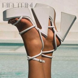Sandals RIBETRINI Sexy Luxury Design Women Sandals Ankle Strappy Open Toe Dress Super High Heels Summer Shoes White Square Toe Shoes Z0420