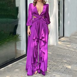 Women's Jumpsuits Rompers LIYONG Women Jumpsuit Fashion Sexy V Neck High Waist Long Sleeve Solid Pleated Ruffled Loose Wide Legs Romper High Streetwear P230419