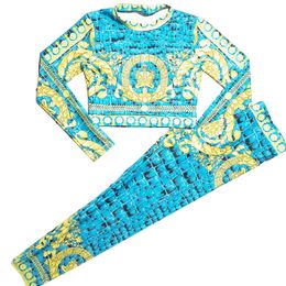Printed Womens Tracksuits Yoga T Shirts Legings Set Workout Clothes Wear Gym Legging Fitness Tops Long Sleeve Sportswear