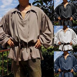 Pirate Shirt Men Halloween Mediaeval Vampire Clothes Theme Costume Cosplay Tops V neck Long Sleeve Renaissance Blouse