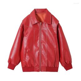 Women's Jackets YENKYE Winter Women American Retro Wine Red Loose Jacket Long Sleeve Laple Collar Female Faux Leather Coat