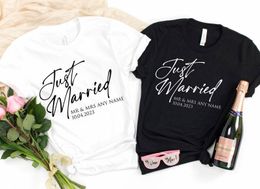 Damen-T-Shirt „Just Married“, personalisierbar, für Ehemann und Ehefrau, Paare, Flitterwochen, endlich passendes Hochzeits-T-Shirt, 100 % Baumwolle, Streetwear, Goth, Y2K, 230419