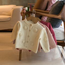 Toddler kids hollow knitted cardigan little girls stereo flowers applique princess tops autumn children sweater outwear Z5485