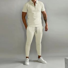 Mens Tracksuits Casual Mens Two Piece Suits Spring Summer Short Sleeve Lapel Zipper Tops And Pants Set Men Fashion Solid Color Tracksuits 230419