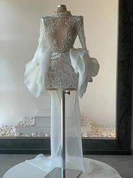 White Lace Embellished Short Cocktail Party Dresses Lace Crystal Beaded Long Sleeve Ruffles Floral Prom Second Gown Wear