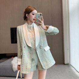 Womens Tracksuits LKSK Fashion Luxury 2 Piece Set Autumn Winter Women Tweed Sequin Blazer Long Coat Shorts Suits Outfits Casual Small