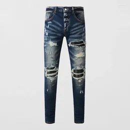 Men's Jeans High Street Fashion Men Retro Dark Blue Stretch Skinny Fit Ripped Leather Patched Designer Hip Hop Brand Pants