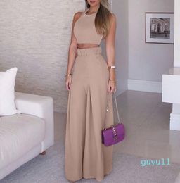 Fashion-Women's Two Piece Pants Women Suits No Belt Sleeveless Halter Cropped Tops Sashes Wide Leg High Waist Straight Female Sets Summer Streetwear