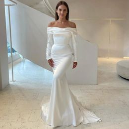 Mermaid Satin Wedding Dress Pleat Long Sleeves Off the Shoulder White Bride Bridal Gowns Women Custom Made Robe De Mariee