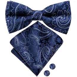 Bow Ties Hi-Tie Navy Blue Mens Tie Pocket Square Cufflinks Set Pre-tied Silk Butterfly Knot Bowtie For Male Wedding Business Party