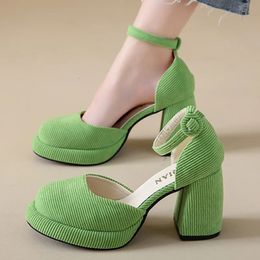 Dress Shoes Green Ankle Strap Platform Pump 2023 Corduroy High Heels Mary Jane Woman Elegant Chunky Heeled Party 231120