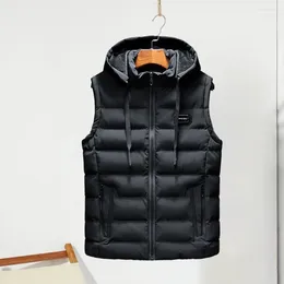 Men's Vests Solid Colour Cotton Vest Windproof Winter With Hood Pockets Zipper Closure Thick Warm Soft Sleeveless For Men