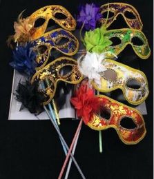 Venetian masquerade music ball mask on stick Mardi Gras Costume eyemask printing Halloween Carnival Hand Held Stick party Mask6154160