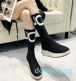 women High top thick bottom snow boots Winter Warm sexy luxury fashion brand classic letter Frosted leather Suede Spliced Elastic sock shoes