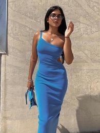 Casual Dresses Cute Women's Blue Solid Suspenders Maxi Dress Halter Hollow Out Split Long Female Autumn 2023 Streetwear Vestido