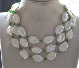 Pendant Necklaces Z12958 44" 19mm White Ellipsoid Coin Pearl Green Jade Necklace