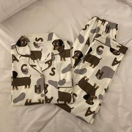 Women's Sleepwear Spring Summer 2024 Cute Pajamas Set Dachshund Print Cotton Two Pieces Short Sleeve Tops Full Length Pants 3991
