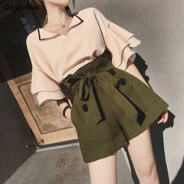 Women's Tracksuits Sets Women Two Pieces Chiffon V-neck Flare Sleeve Lace-up Buttons High Waist Casual Elegant Office Ladies Stylish Simple Modern P230419