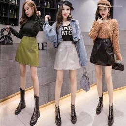 Skirts Pu Leather Skirt Female High Waist Super Fire Silver Small A-line Culottes Bag Hip